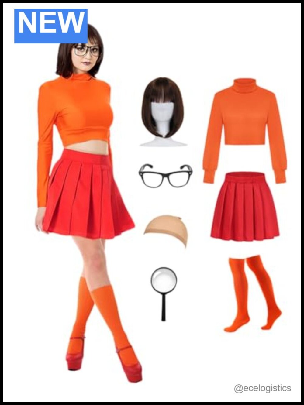 7-Piece Women's Halloween Costume Set with Crop Top Skirt Wig Accessories